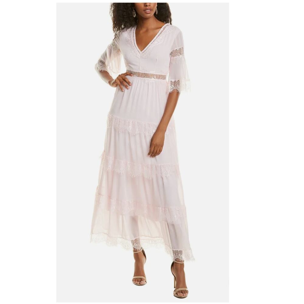 NWOT Michele Laperle Pink Lace Tiered Maxi Dress Boho Bell Sleeve XS